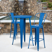 Flash Furniture CH-51080BH-2-30CAFE-BL-GG 24" Round Metal Bar Table Set with 2 Cafe Barstools Set in Blue